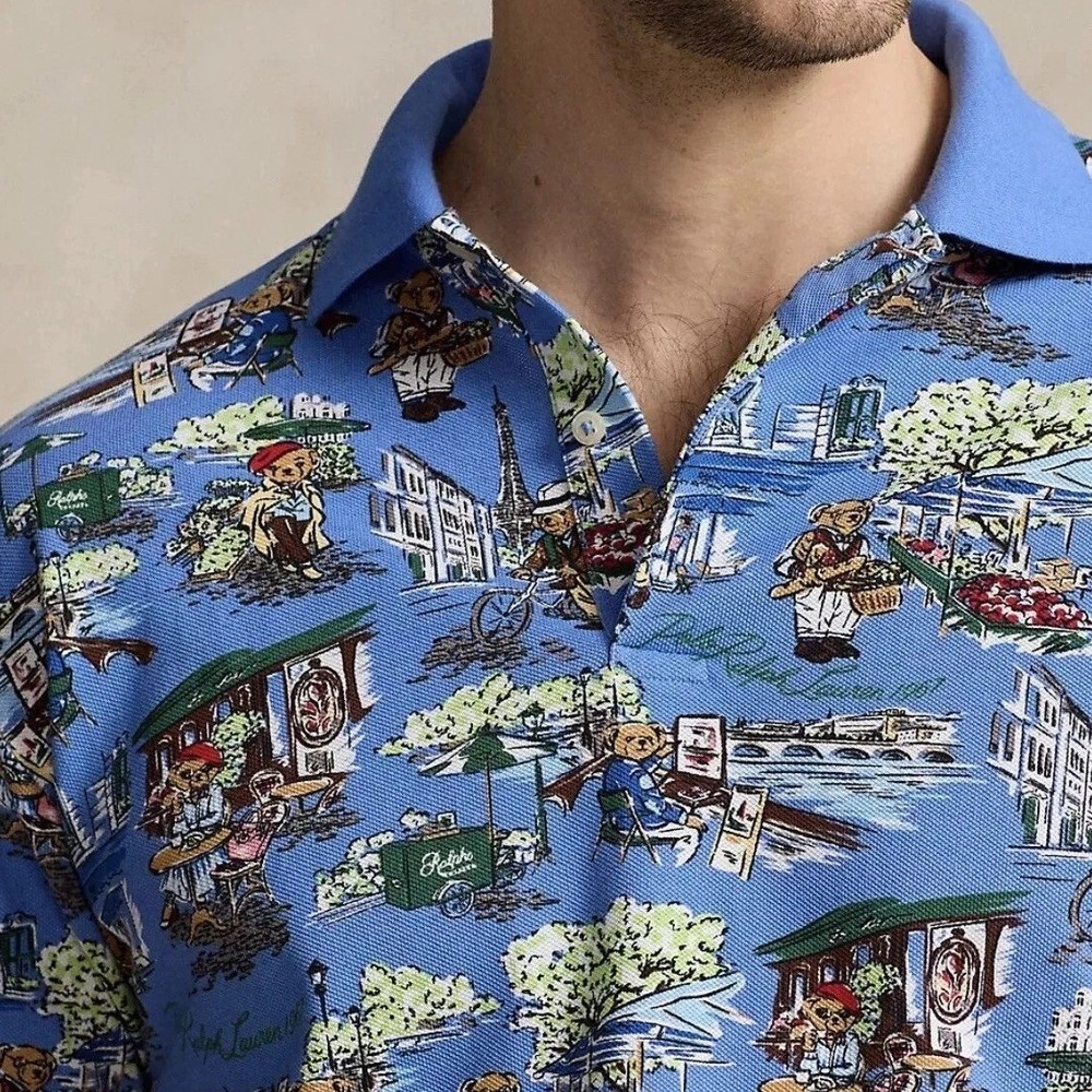 Polo Ralph Lauren Mens Blue Paris Polo Bear Print Mesh Shirt Size Medium NWT